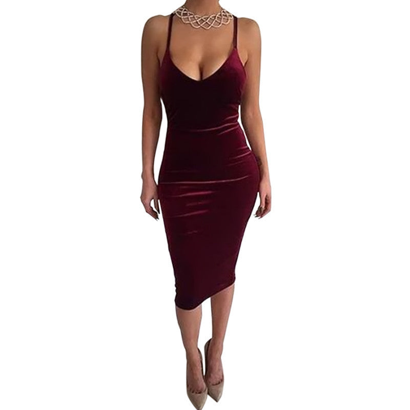 Online discount shop Australia - Autumn Dress Sleeveless Round neck Bodycon Sheath Velvet Women Summer Dress Halter Cross Backless Sexy Club Party Dresses