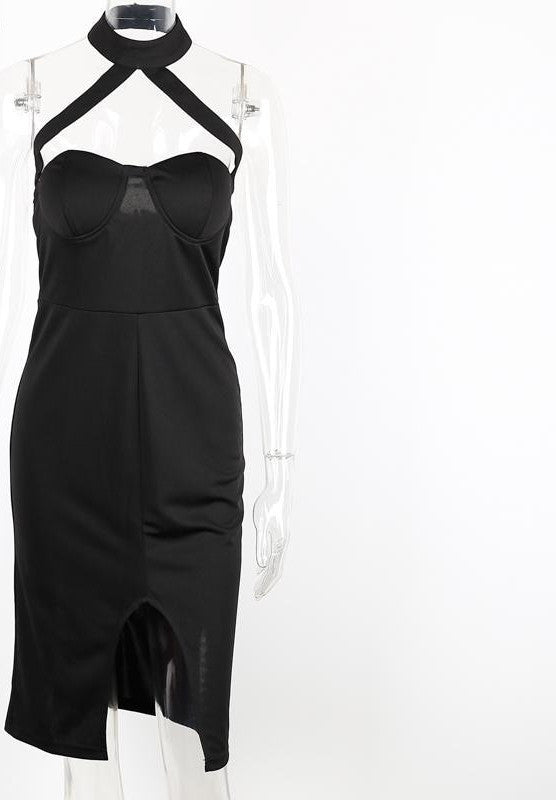 Online discount shop Australia - Elegant halter pink bandage dress women Sexy front split evening party bodycon dresses Strapless club vestidos