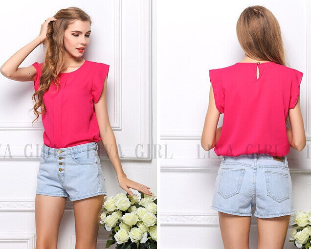 Online discount shop Australia - 4 Colors Womens Chiffon Clothing Lady Blouse/Shirt S-XL Sale New Fashion Ruffle Short Sleeve Tops OL Blouse