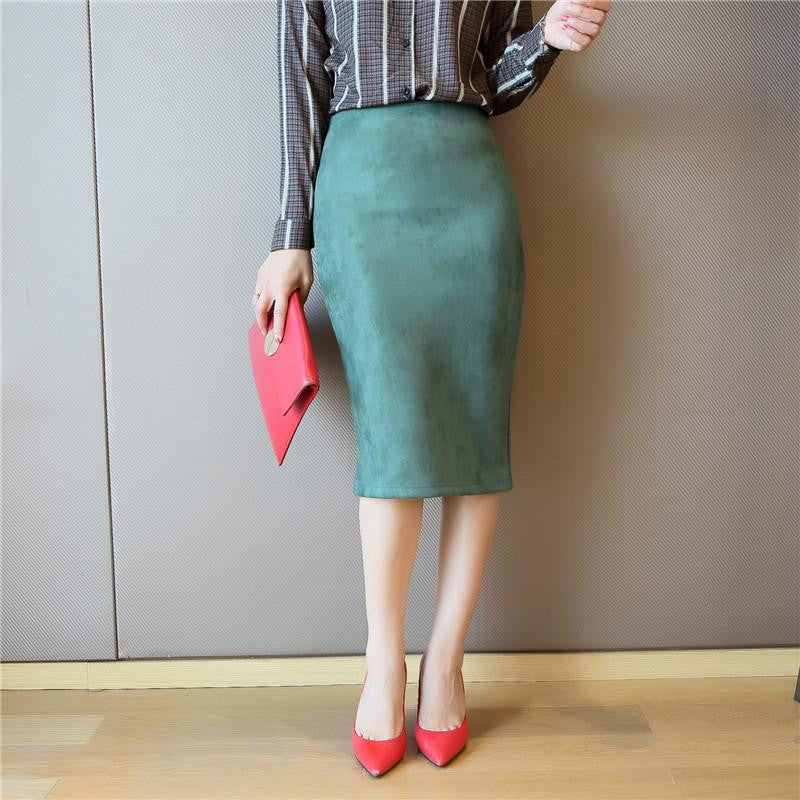 Women's Leather Suede Pencil Skirt Fashion Slim Elastic Hip Step Midi Women Skirts Female