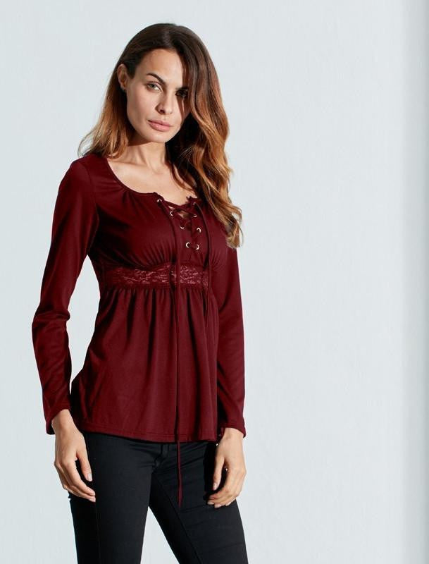 Blouse Tops V Neck Long Sleeve Lace Splice Solid Shirt Casual Plus Size Blouses Oversized Women