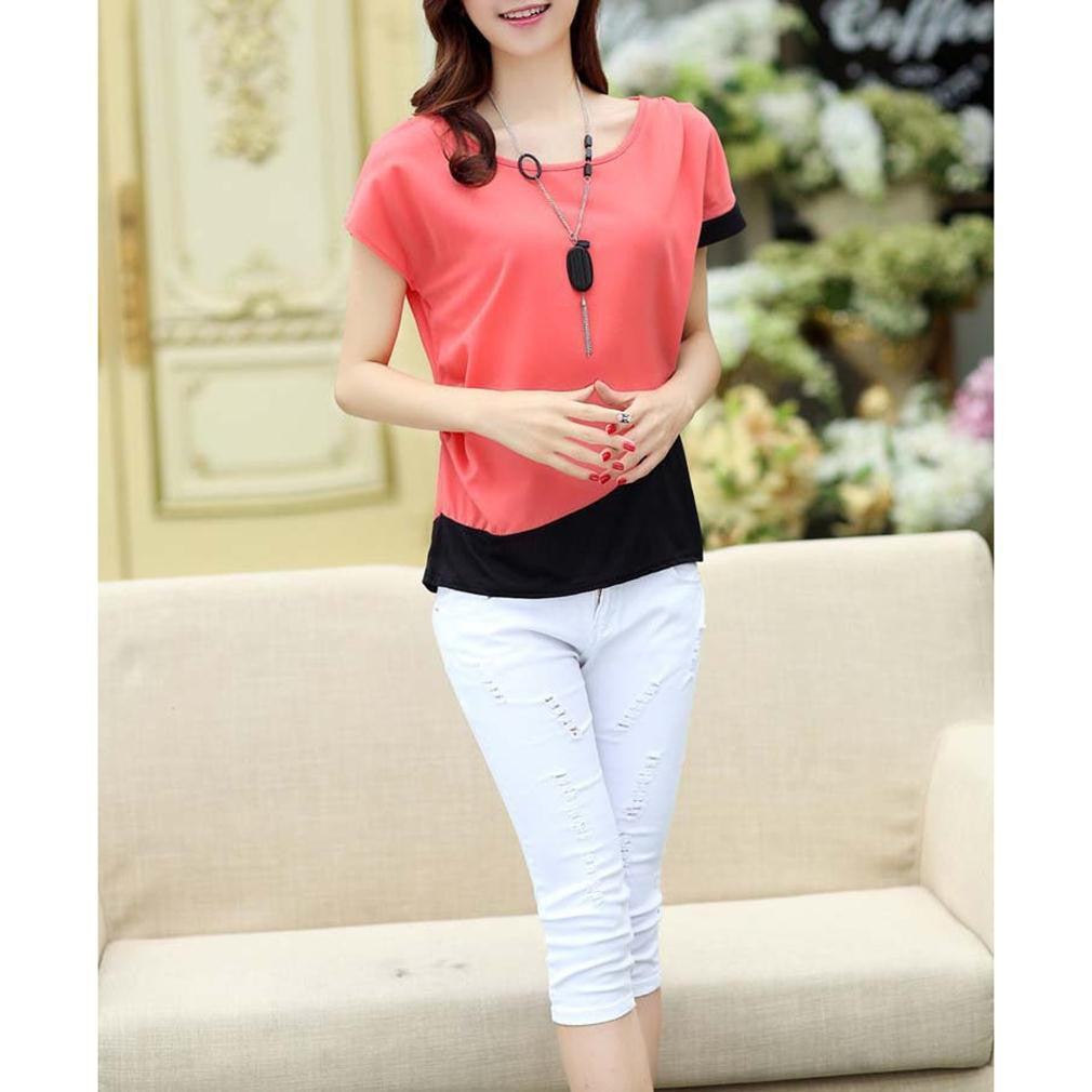 Online discount shop Australia - Blue Orange Red style Chiffon Blouses Women Casual Fashion Patchwork Short Sleeve Shirt Tops plus size