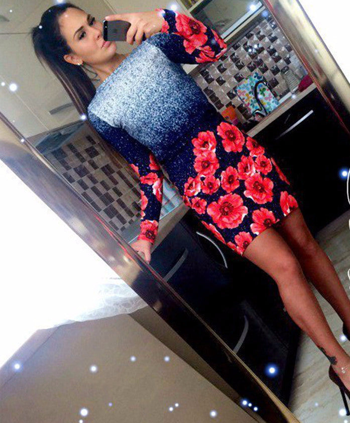 Online discount shop Australia - Multicolor Vintage Print Sheath Dress Women Slash neck Long Sleeve Dress Spring Sexy Wear Mini Dress