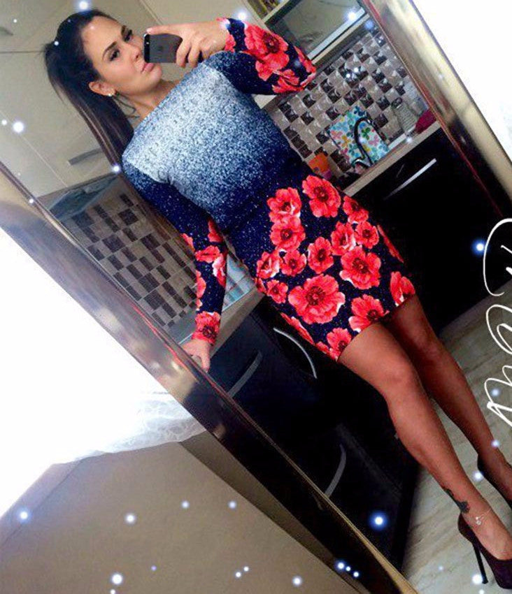 Online discount shop Australia - Multicolor Vintage Print Sheath Dress Women Slash neck Long Sleeve Dress Spring Sexy Wear Mini Dress