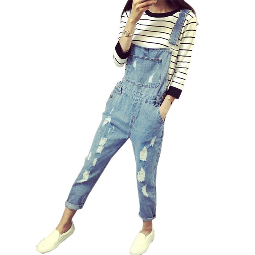 Denim Jumpsuits Fashion Women's Overalls Female Hole Denim Strap Trousers Preppy Style Loose Slim S-ML