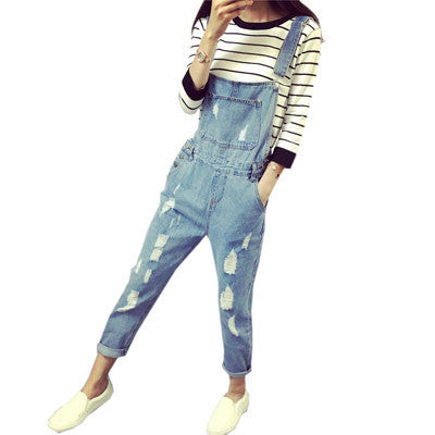 Denim Jumpsuits Fashion Women's Overalls Female Hole Denim Strap Trousers Preppy Style Loose Slim S-ML