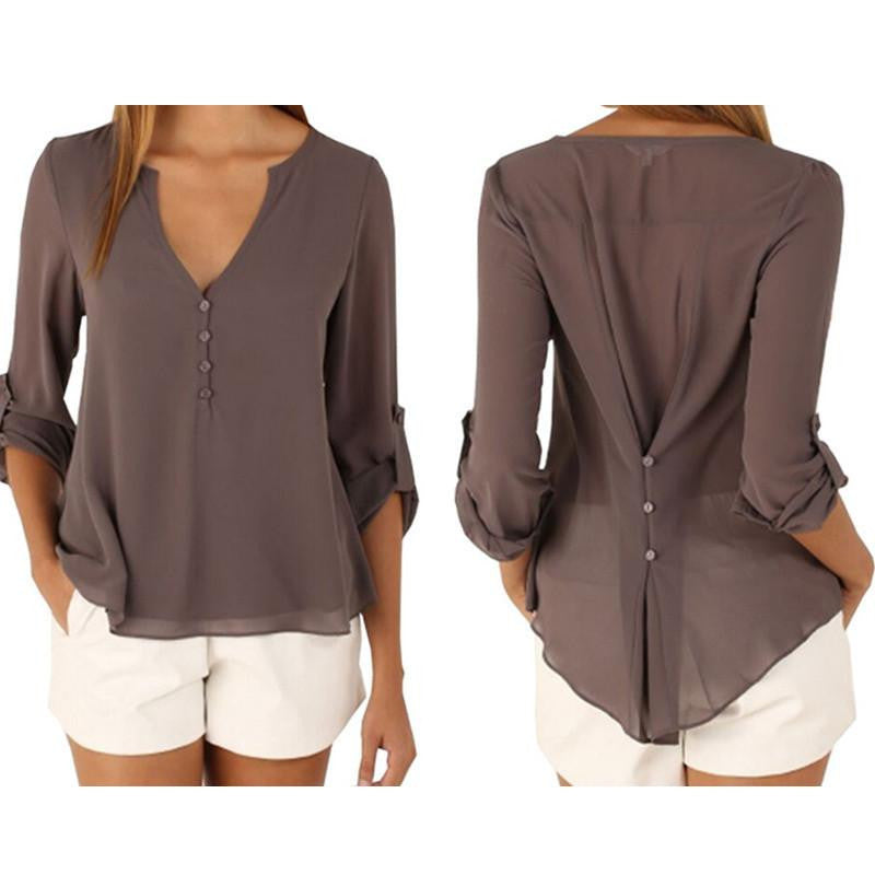 Women Style Casual Chiffon Blouses Button V Neck Long Sleeve Shirts Ladies Plus Size Tops