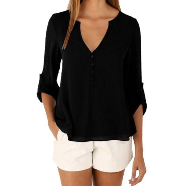 Women Style Casual Chiffon Blouses Button V Neck Long Sleeve Shirts Ladies Plus Size Tops