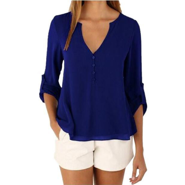Women Style Casual Chiffon Blouses Button V Neck Long Sleeve Shirts Ladies Plus Size Tops