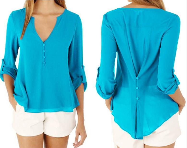 Women Style Casual Chiffon Blouses Button V Neck Long Sleeve Shirts Ladies Plus Size Tops