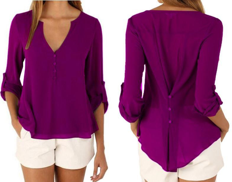 Women Style Casual Chiffon Blouses Button V Neck Long Sleeve Shirts Ladies Plus Size Tops