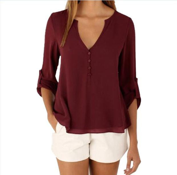 Women Style Casual Chiffon Blouses Button V Neck Long Sleeve Shirts Ladies Plus Size Tops
