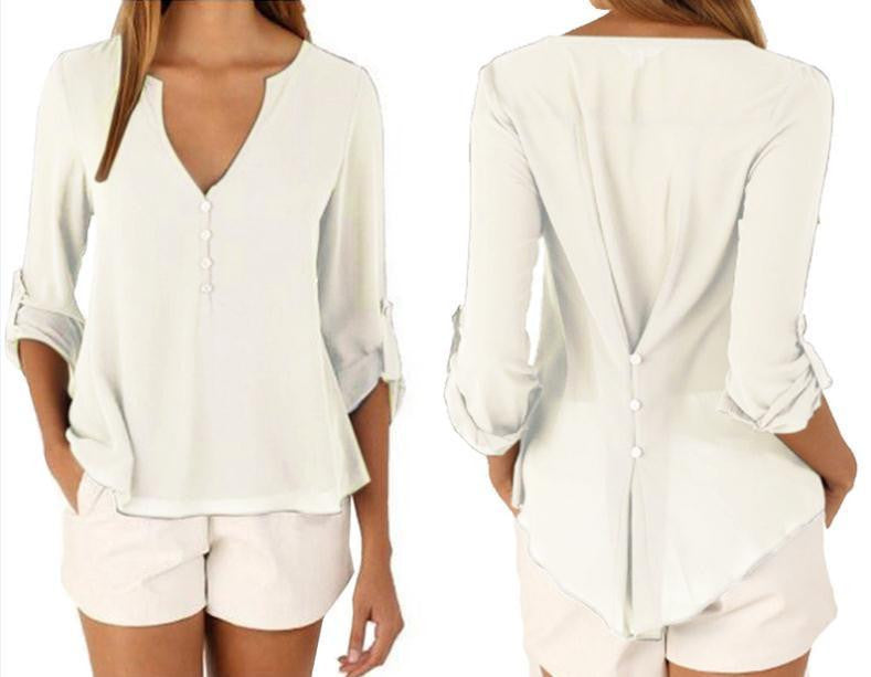 Women Style Casual Chiffon Blouses Button V Neck Long Sleeve Shirts Ladies Plus Size Tops