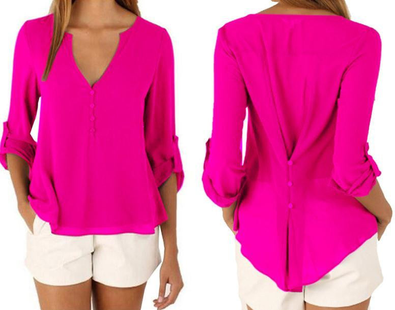 Women Style Casual Chiffon Blouses Button V Neck Long Sleeve Shirts Ladies Plus Size Tops