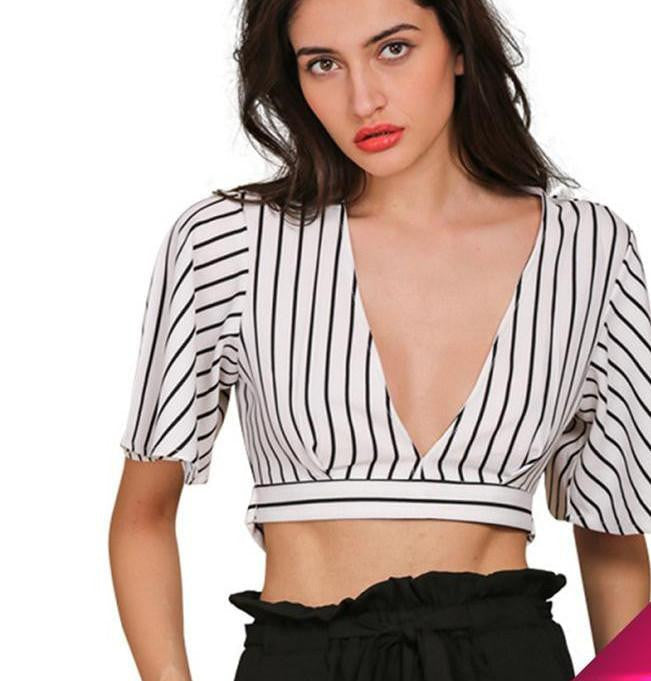 Simplee Striped deep v neck girls 90s boho cropped top sexy women fashion beachwear short crop tops