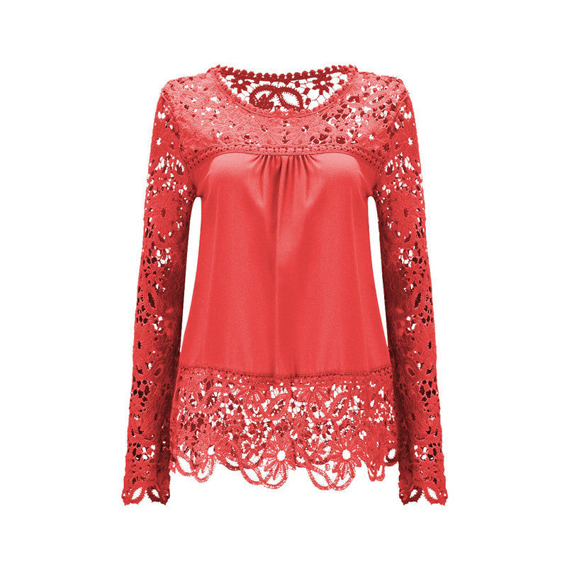 Plus Size 7XL Ladies Women's Long Sleeve Chiffon Lace Crochet Tops Blouses Women Clothing Blouse 21 colors