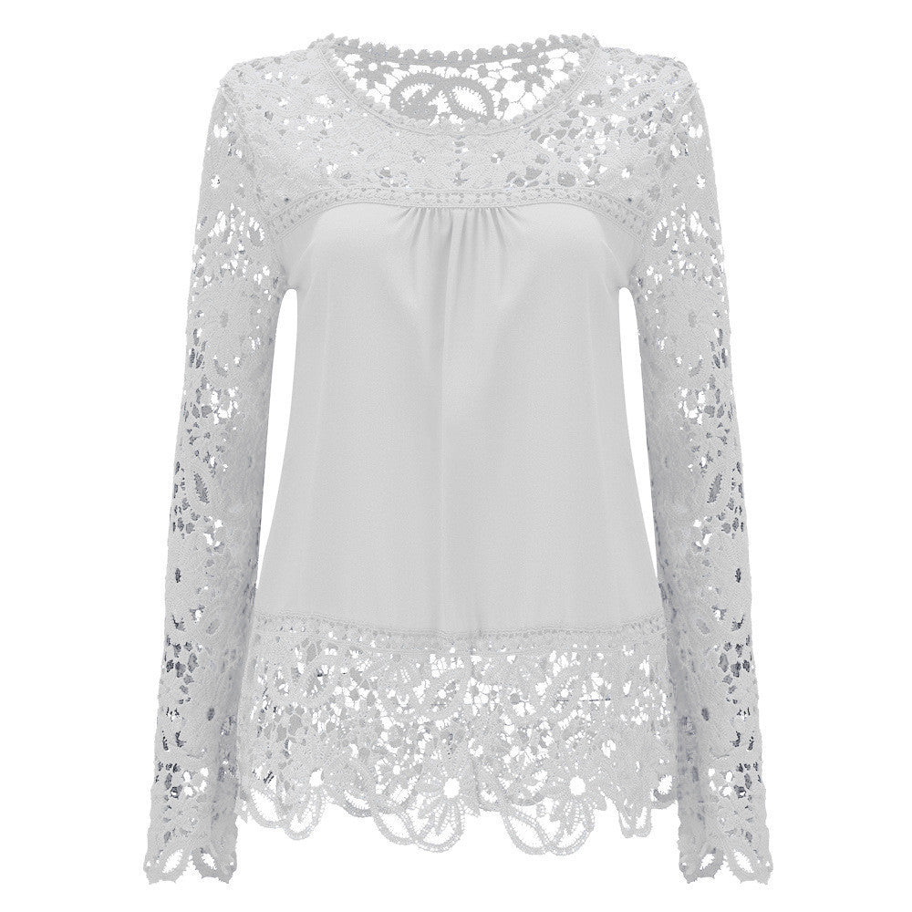 Plus Size 7XL Ladies Women's Long Sleeve Chiffon Lace Crochet Tops Blouses Women Clothing Blouse 21 colors