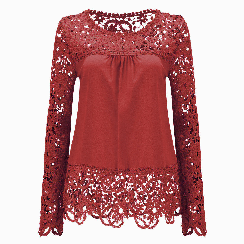 Plus Size 7XL Ladies Women's Long Sleeve Chiffon Lace Crochet Tops Blouses Women Clothing Blouse 21 colors