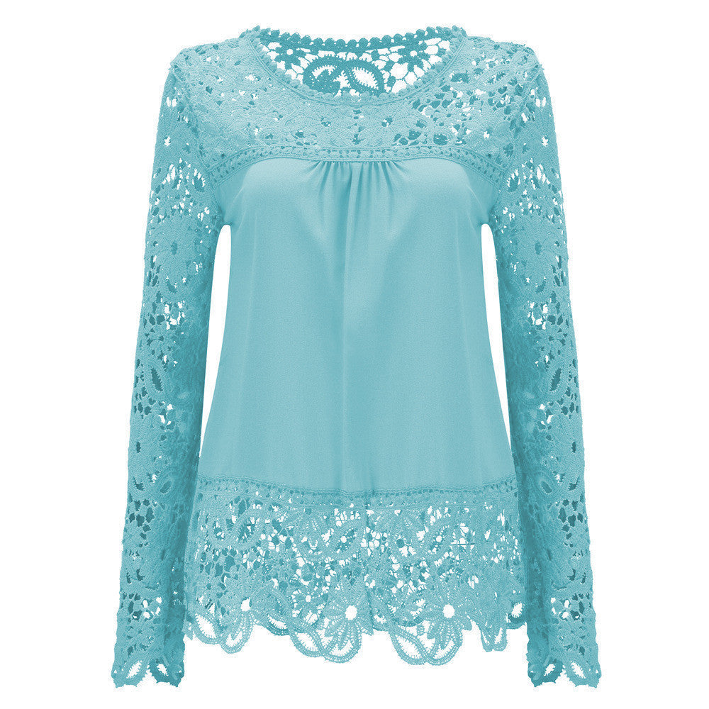 Plus Size 7XL Ladies Women's Long Sleeve Chiffon Lace Crochet Tops Blouses Women Clothing Blouse 21 colors