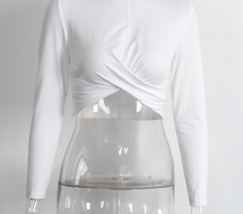 cross long sleeve crop top Women chic black fold short top tees slim party white blouse shirt