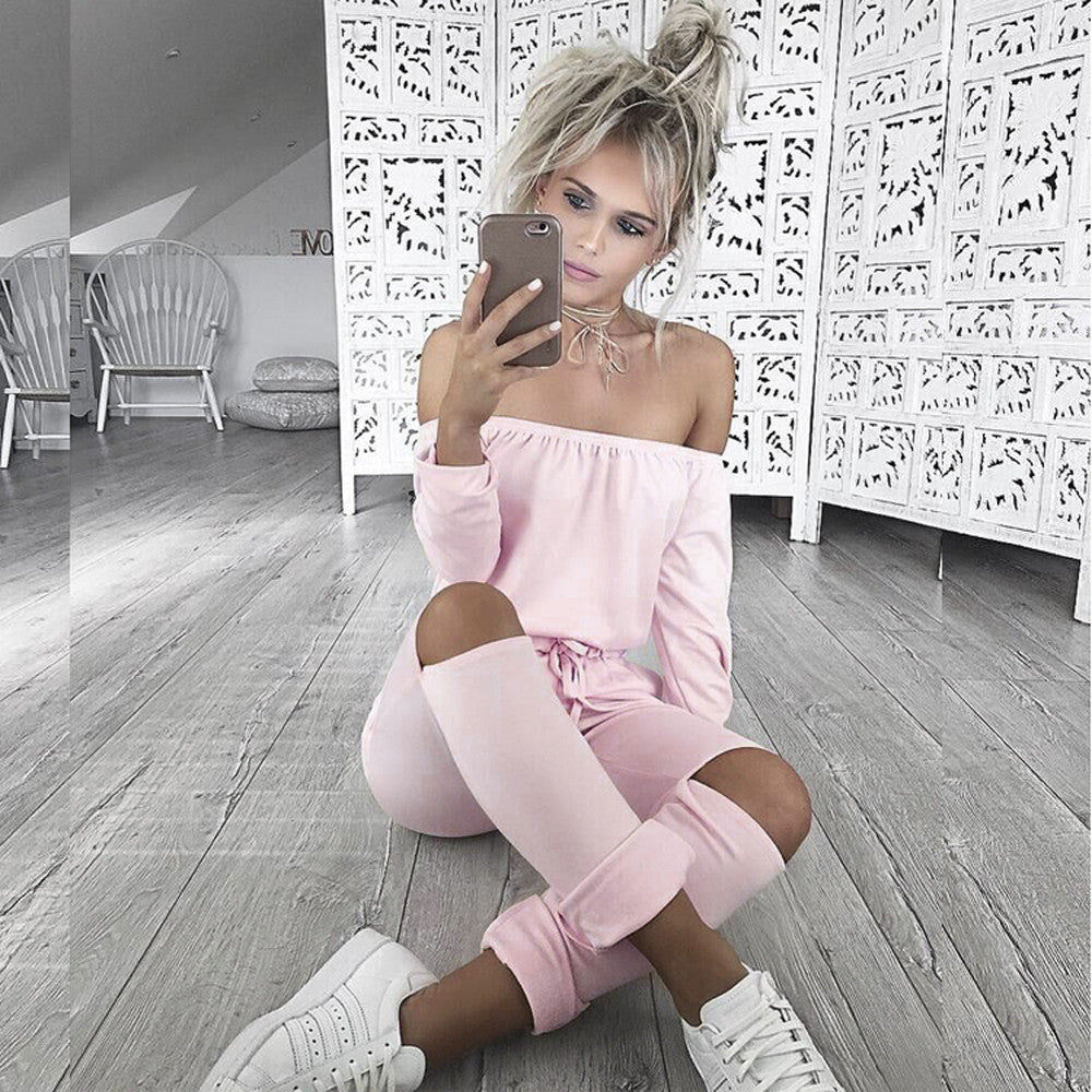 Off Shoulder Jumpsuits Long Sleeve Slim Rompers Womens Jumpsuit Club Party Jumpsuits Hole Playsuits for Women