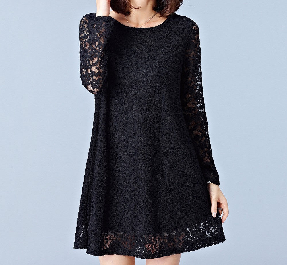 Online discount shop Australia - Dresses Plus Size Women Clothing Hollow Out Lace Dress Long Sleeve Ladies Office Dress Black #F139