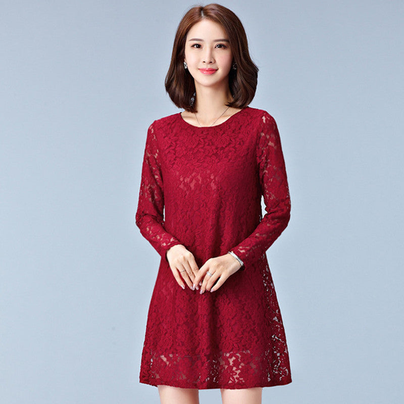 Online discount shop Australia - Dresses Plus Size Women Clothing Hollow Out Lace Dress Long Sleeve Ladies Office Dress Black #F139