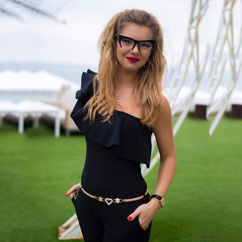 Shoulder Elegant Jumpsuit Slim Oblique Ruffles Longue OL Style Pant Rompers Red Blue Black CC8118