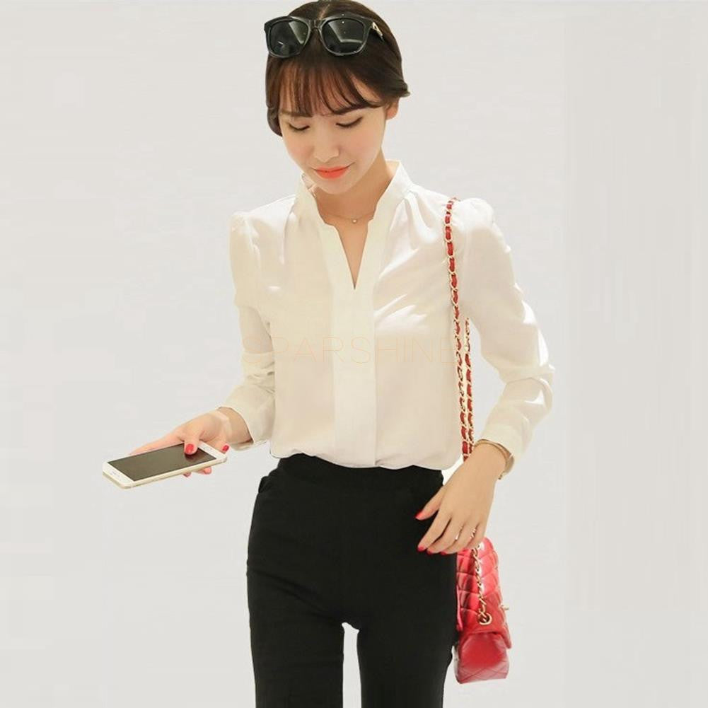 Elegant V-neck Long Sleeve Shirts Women Chiffon Shirt Blouse Ladies White Pink Female Office Shirt Plus Size
