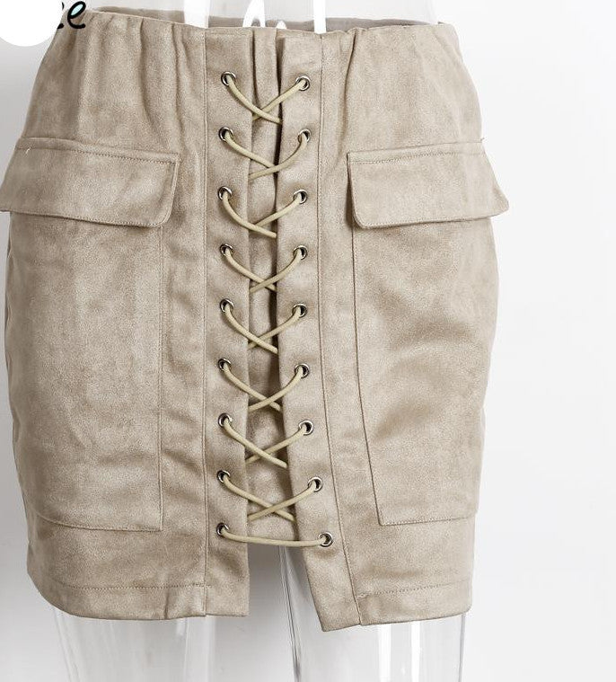 Online discount shop Australia - lace up suede leather women skirt 90's Vintage pocket preppy short skirt Winter high waist casual skirts