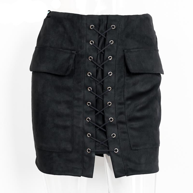 Online discount shop Australia - lace up suede leather women skirt 90's Vintage pocket preppy short skirt Winter high waist casual skirts