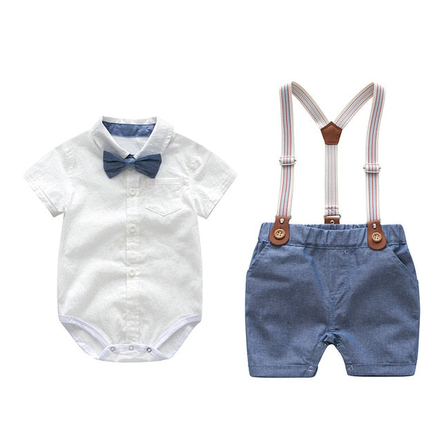 Baby Boy Clothes Summer Gentleman Birthday Suits Newborn Party Dress Soft Cotton Solid Rmper + Belt Pants Infant Toddler Set