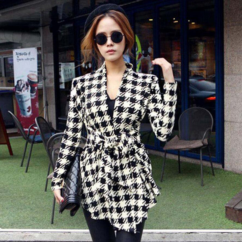Online discount shop Australia - GZDL Fashion Women  Jacket Coat Long Sleeve Houndstooth Casual Clothing Slim Belt Peplum Cardigan Outerwear CL0271