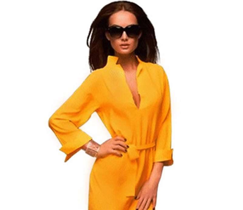 Online discount shop Australia - GZDL Fashion Dresses Women Long Sleeve Office Bandage Tunic Cocktail Party Chiffon Sexy Solid Mini Shirt Dress Yellow CL1600