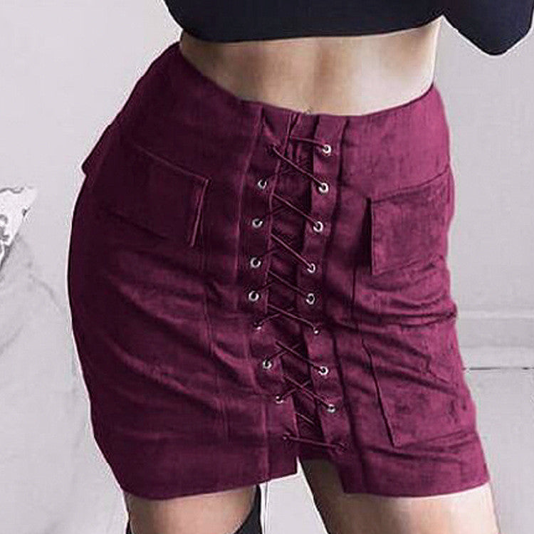 Online discount shop Australia - Chic lace-up faux suede women Pencil skirt pocket preppy short skirt 80's vintage leather skirt 12 col