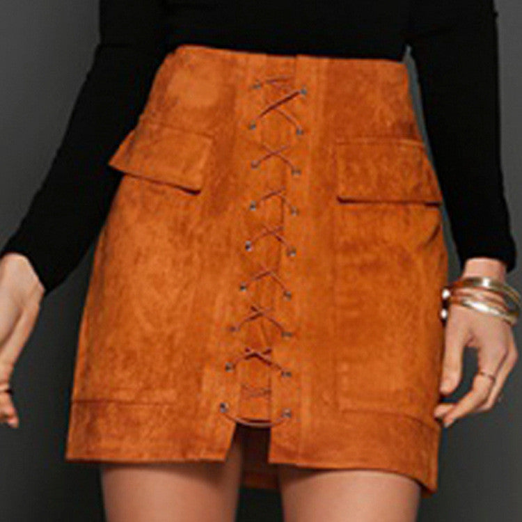 Online discount shop Australia - Chic lace-up faux suede women Pencil skirt pocket preppy short skirt 80's vintage leather skirt 12 col