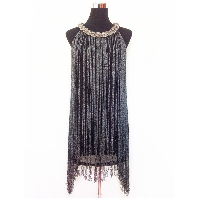 Online discount shop Australia - GREAT GATSBY OMBRE METAL HALTER-NECK BLACK FRINGE BEADED 1920S FLAPPER CHARLESTON DRESS