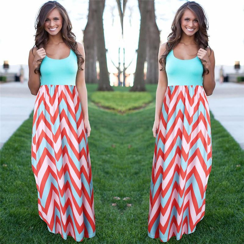 Women Summer Beach Boho Maxi Dress High Brand Striped Print Long Dresses Feminine Plus Size