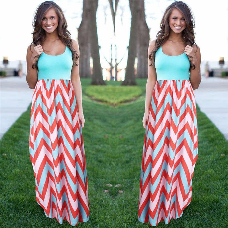 Women Summer Beach Boho Maxi Dress High Brand Striped Print Long Dresses Feminine Plus Size