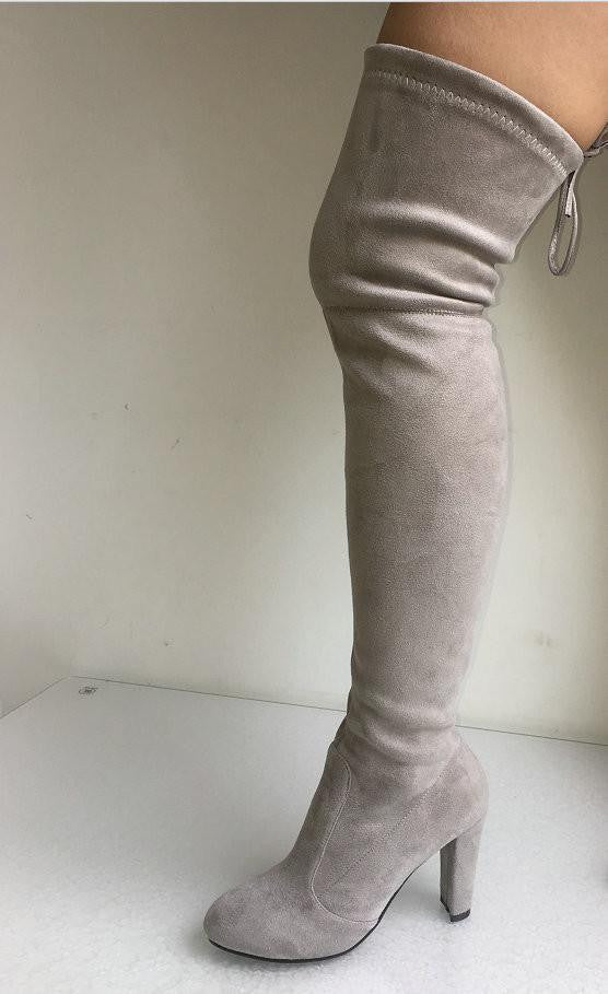 Women Faux Suede Thigh High Boots Over the Knee Boots Stretch Overknee High Heels Woman Shoes Black Gray Wine Red Brown