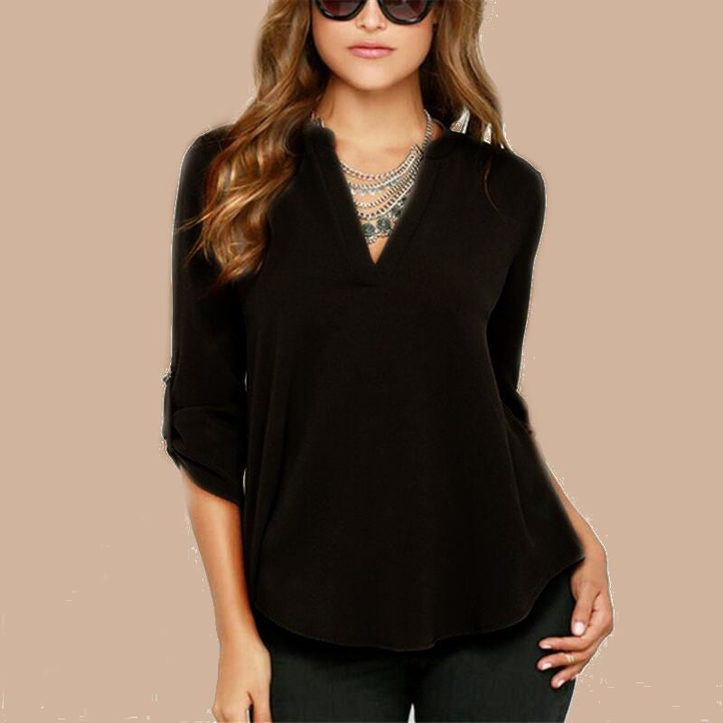Online discount shop Australia - Fashion Women V-neck Long Sleeve Chiffon Blouse Elegant Lady Office Work Wear Solid Shirts Casual Top