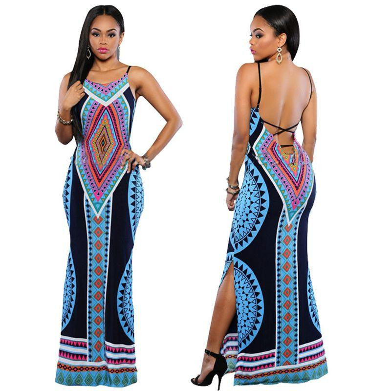 Women Summer Maxi Dress Bodycon Party Dresses Plus Size Vestidos Sundress Backless Bandage Dashiki Boho Long Dress