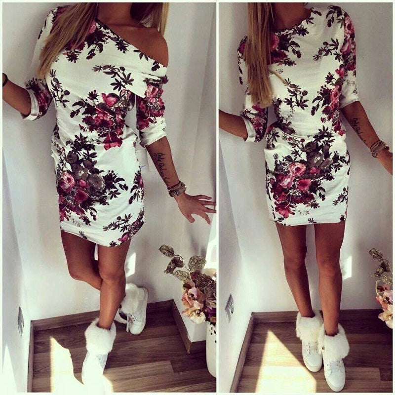 Online discount shop Australia - Dress Cartoon Printed O Neck Half Sleeve Mini Party Dresses Women Spring Floral Casual Bodycon Dress Robe