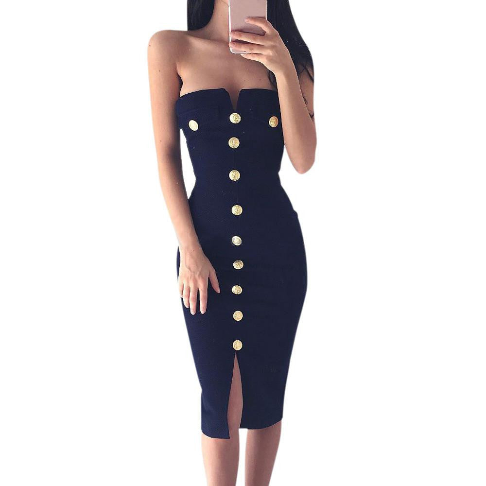 Summer Women Club Dress Fashion Ladies Strapless Buttons Bodycon Pencil Evening Party Dress vestidos femininos