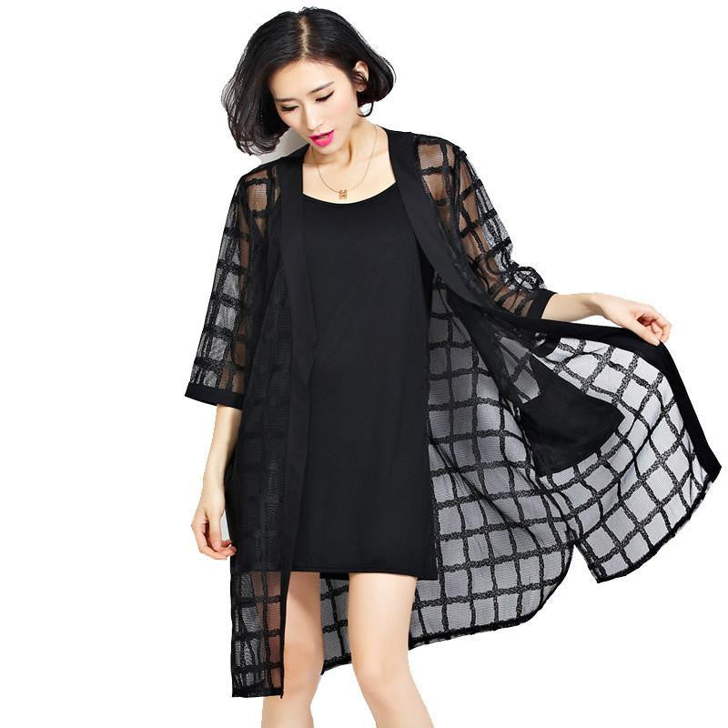 Women Loose Air Conditioner Coats Black Perspective Grids Long Plus Big Size Plaid Cardigan Women's Clothing