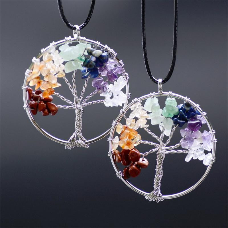 Tree of Life Necklace 7 Chakra Stone Beads Natural Citrine Amethyst Amethyst Necklace Leather Chains Women Christmas Gifts