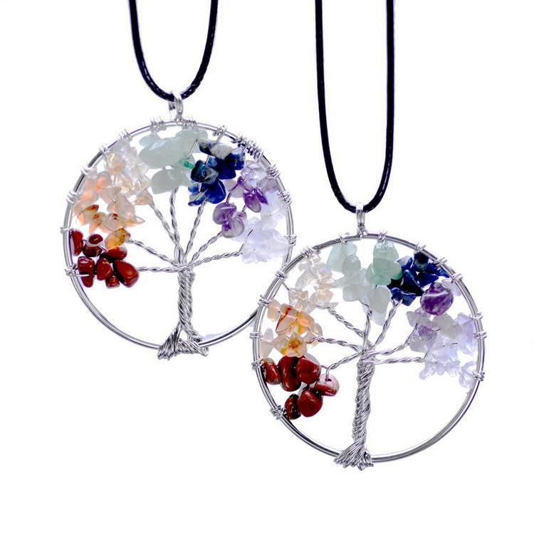 Tree of Life Necklace 7 Chakra Stone Beads Natural Citrine Amethyst Amethyst Necklace Leather Chains Women Christmas Gifts