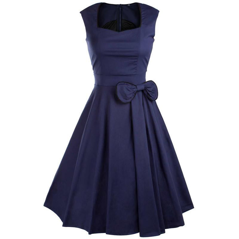 Viifaa Women Bow Vintage Dress Summer Evening Retro Party Elegant Cotton Black Rockabilly 1950s Swing Dresses