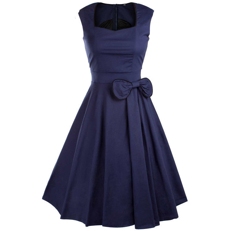 Viifaa Women Bow Vintage Dress Summer Evening Retro Party Elegant Cotton Black Rockabilly 1950s Swing Dresses
