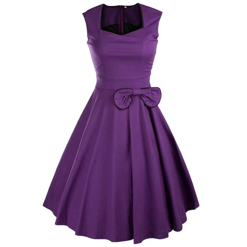 Viifaa Women Bow Vintage Dress Summer Evening Retro Party Elegant Cotton Black Rockabilly 1950s Swing Dresses
